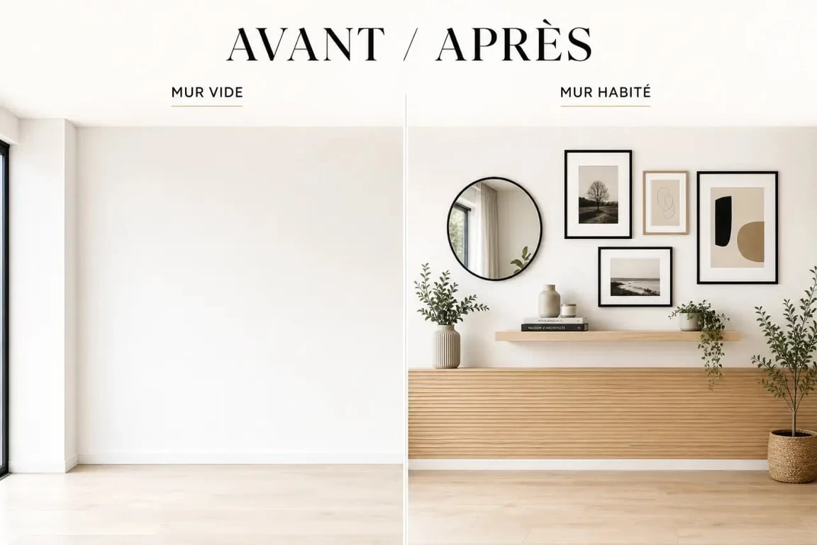 Décorer mur blanc : avant/après d’un mur blanc transformé avec cadres, miroir, étagère et bois