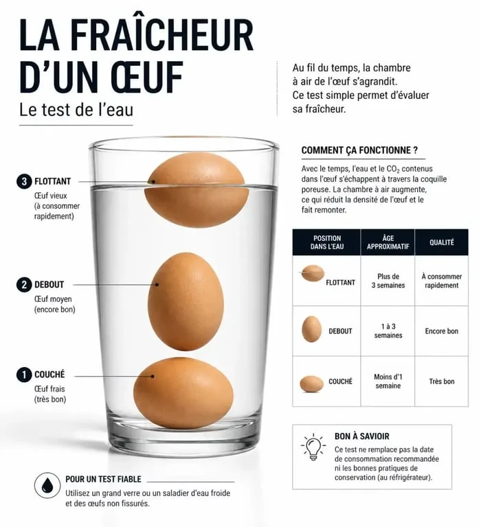 Infographie montrant comment reconnaître des œufs frais grâce au test de flottaison dans l'eau