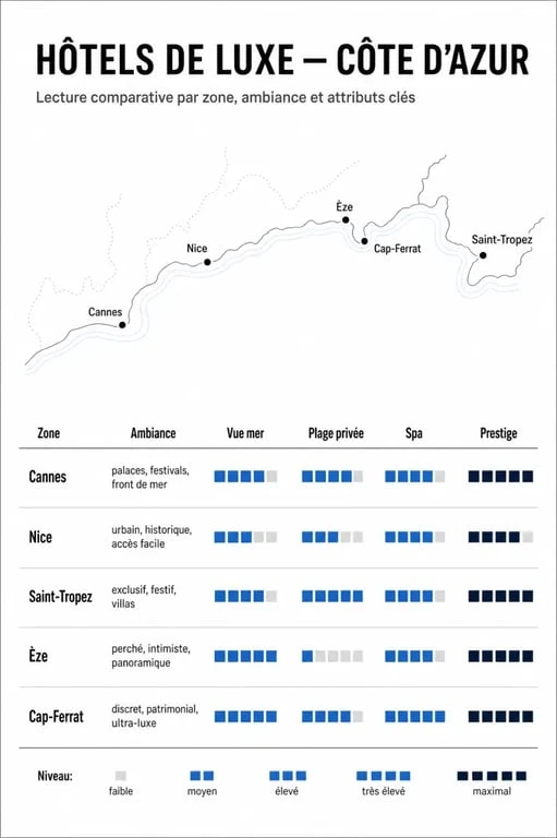 Hôtel de luxe Côte d'Azur : infographie comparative des meilleures zones et critères de séjour