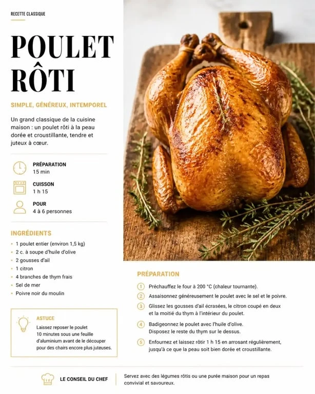 Poulet rôti basse température à la peau dorée et croustillante sur une planche en bois