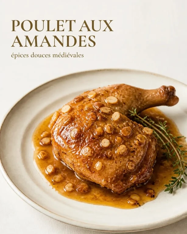 Recettes médiévales : 125 recettes de cuisine du moyen âge, poulet aux amandes et épices douces dressé en assiette