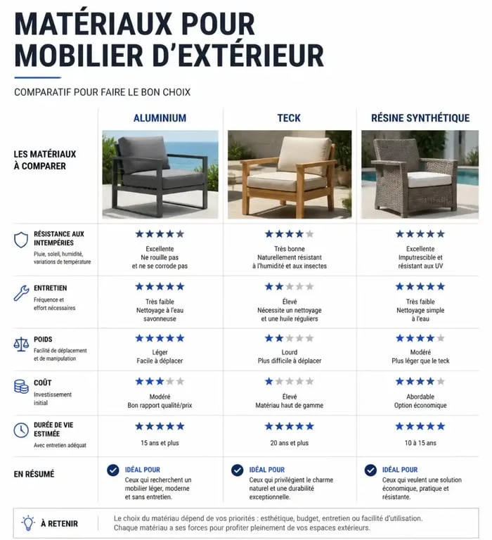 Comparatif des matériaux pour mobilier extérieur design : aluminium, teck et résine