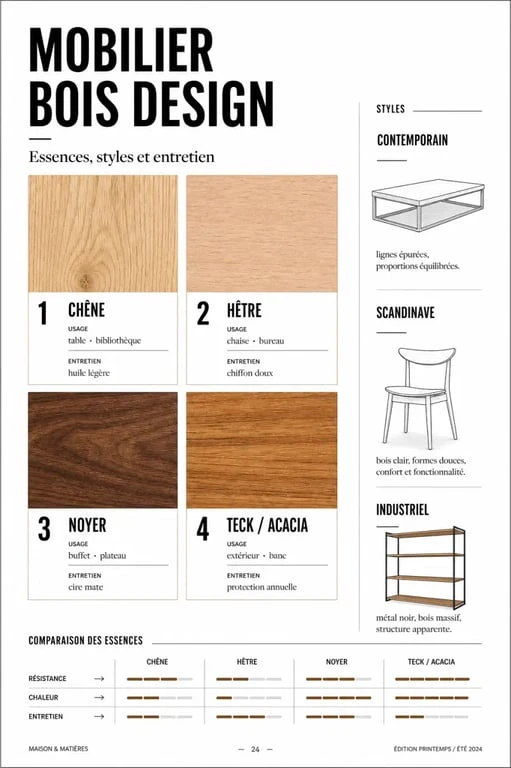 Mobilier bois design : comparaison éditoriale des essences, styles et usages