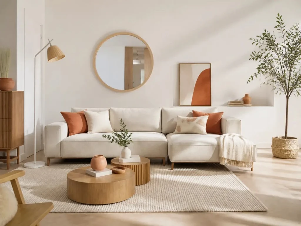 Décoration intérieure BUT dans un salon chaleureux avec tapis, miroir et luminaire
