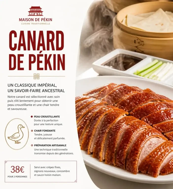Canard laqué, spécialité signature du restaurant Le Bonheur de Chine