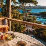 Hôtel porquerolles luxe : terrasse en bois, rosé et vue mer Méditerranée