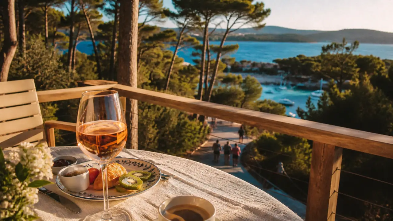 Hôtel porquerolles luxe : terrasse en bois, rosé et vue mer Méditerranée