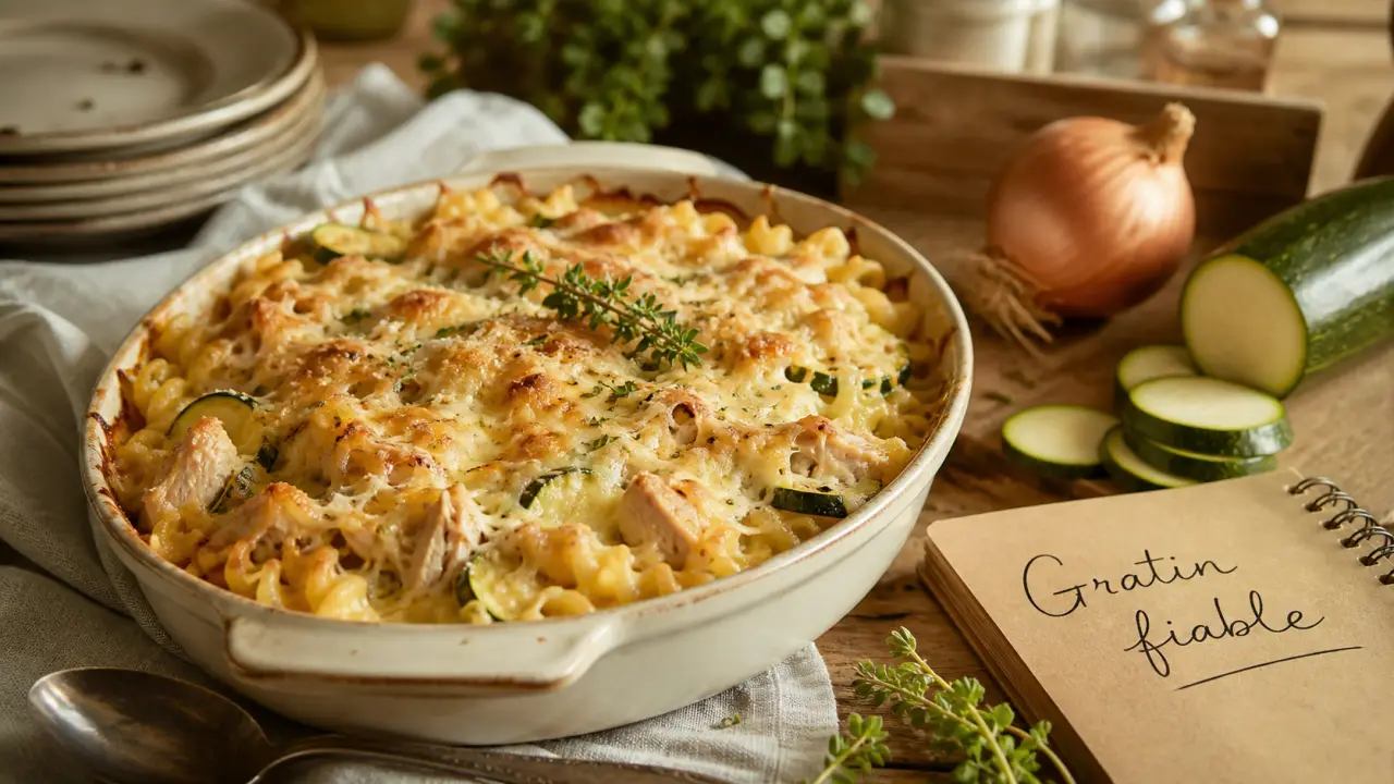 Meilleures recettes de cuisine : gratin de pâtes au poulet et légumes doré