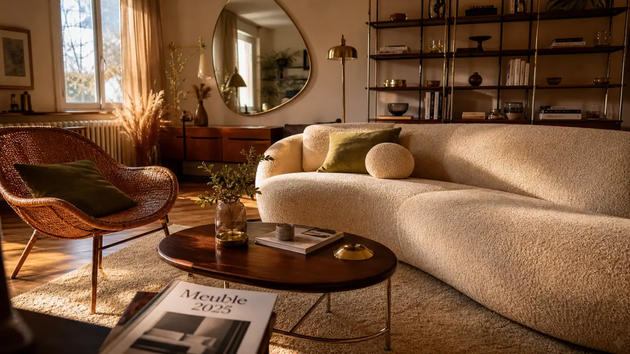 Meuble tendance 2025 : noyer ovale et chrome, courbes organiques, salon chaleureux