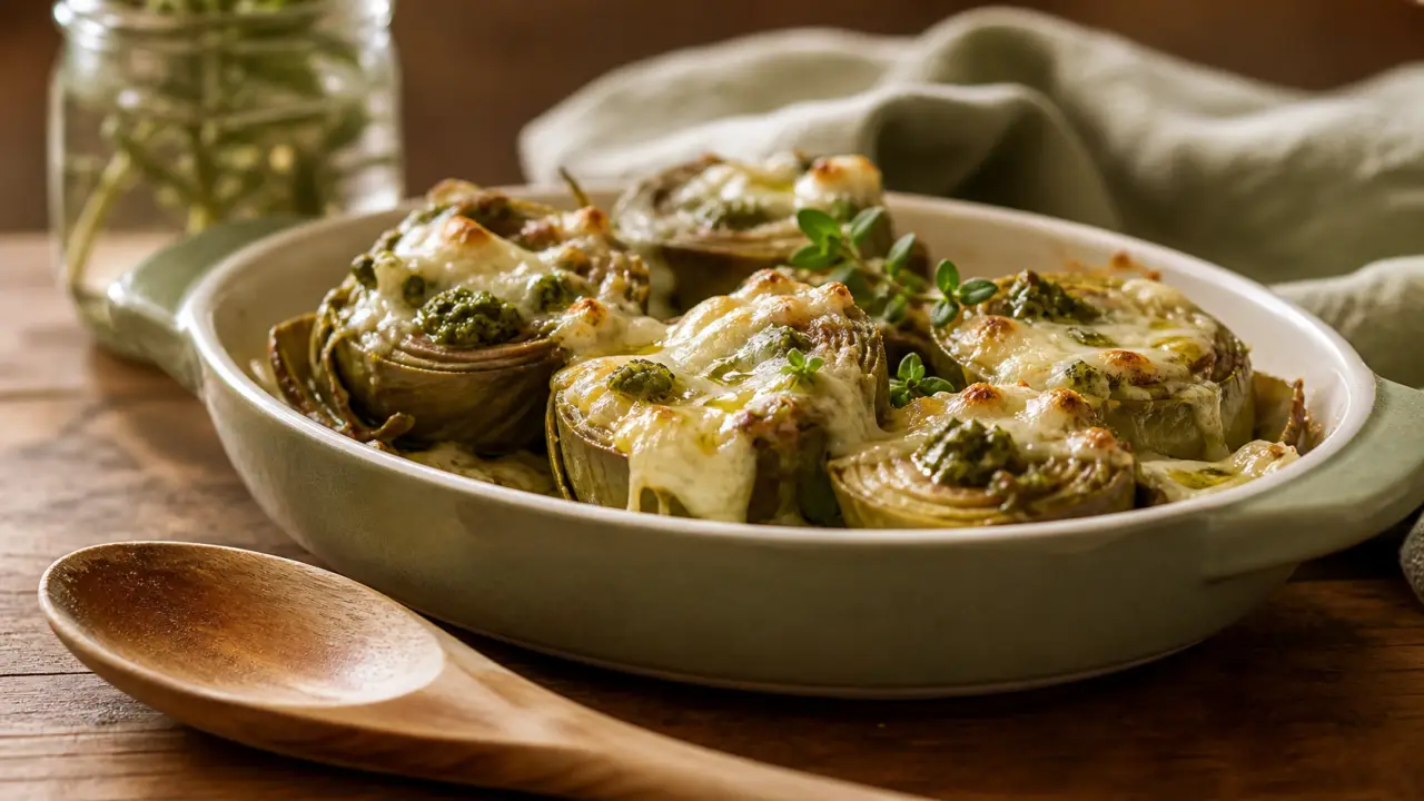 Recette avec coeur d artichaut en conserve gratiné au pesto et chèvre