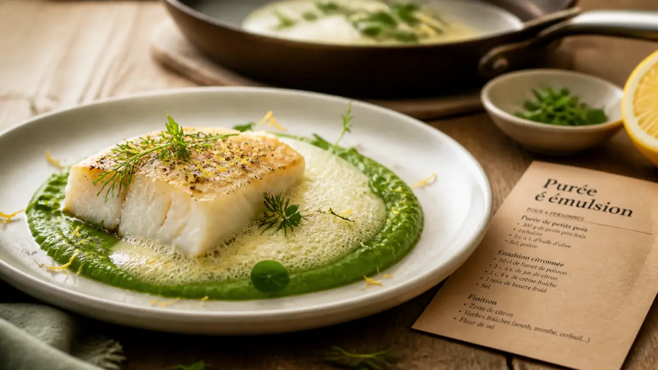 Recette de chef : purée fine de petits pois et émulsion citronnée