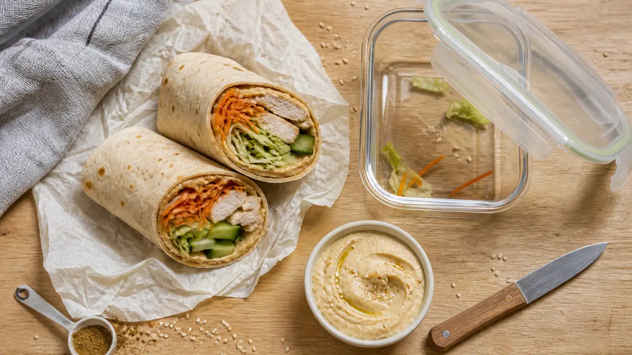 Recettes de cuisine style routier : wraps au poulet et houmous, salade