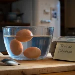 Test de flottaison pour reconnaître des oeufs frais : œufs dans un récipient d’eau froide