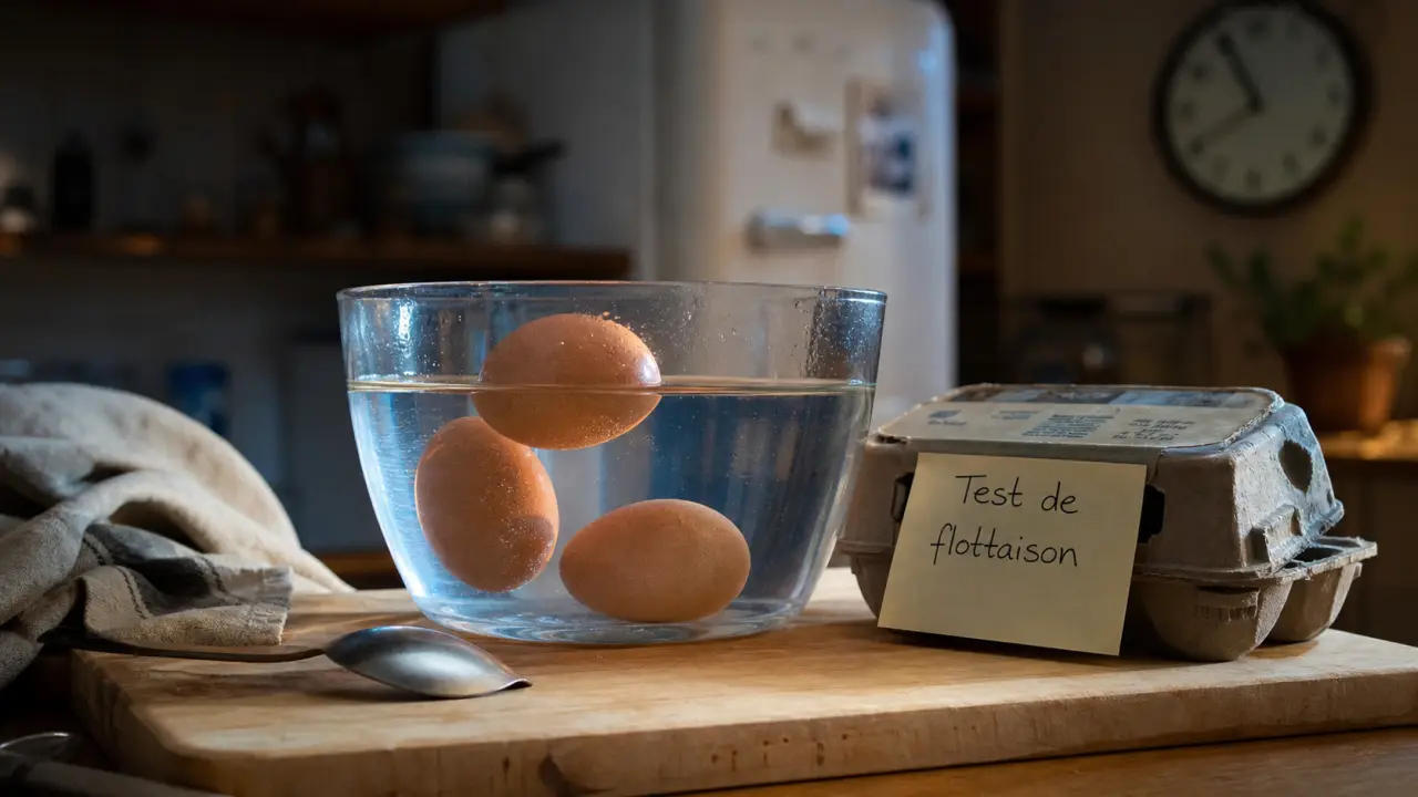 Test de flottaison pour reconnaître des oeufs frais : œufs dans un récipient d’eau froide