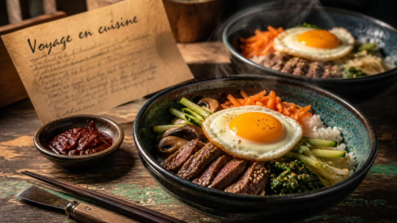 Voyage en cuisine recettes : bibimbap simplifié, bols et sauce pimentée