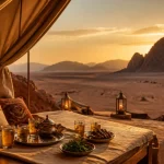 Voyage luxe Jordanie : Wadi Rum au golden hour, campement et falaises rouges