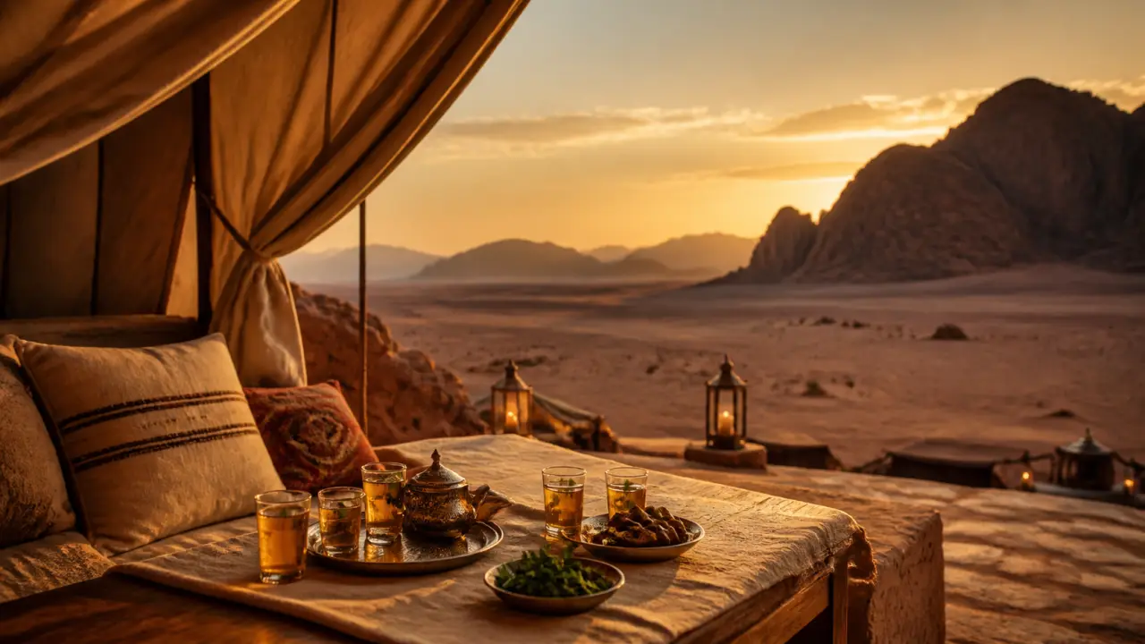 Voyage luxe Jordanie : Wadi Rum au golden hour, campement et falaises rouges