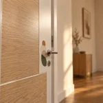 Décoration porte intérieure avec habillage adhésif effet chêne clair sur porte blanche