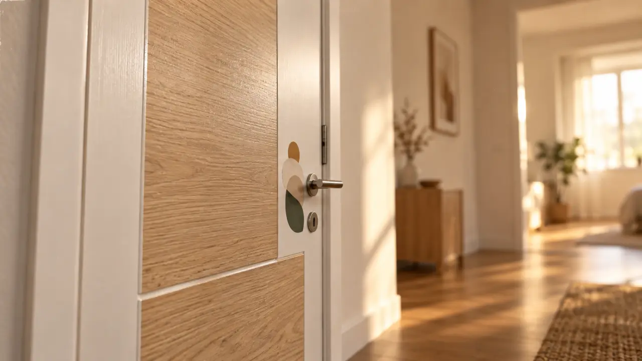 Décoration porte intérieure avec habillage adhésif effet chêne clair sur porte blanche