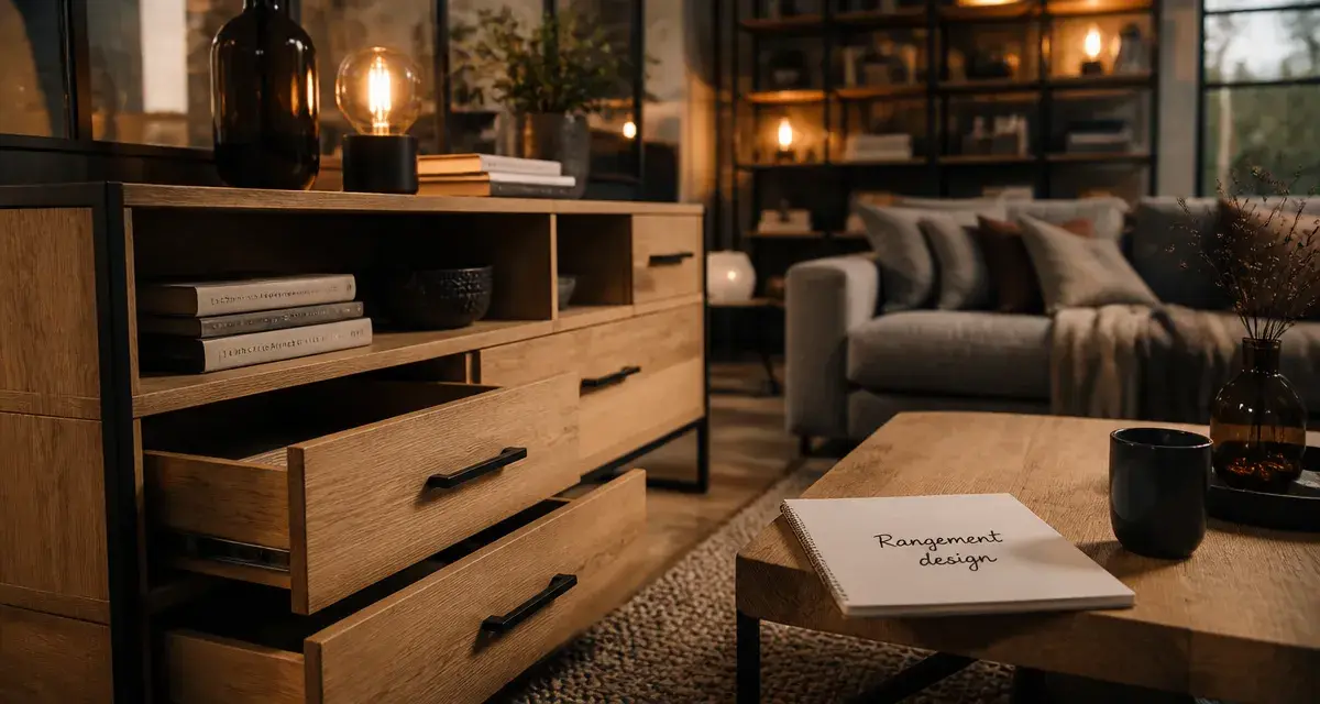 Drawer mobilier design : rangement scandinave industriel en bois clair et métal noir
