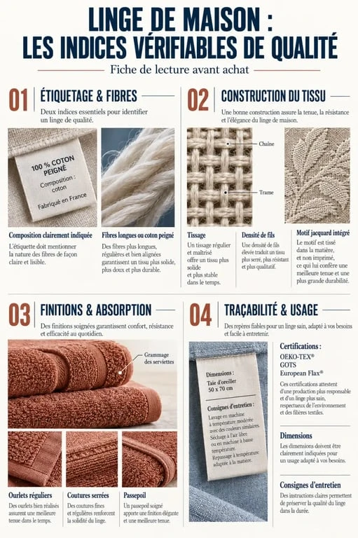 Infographie des critères pour reconnaître un linge de maison qualité : matières, grammage, tissage, finitions et labels