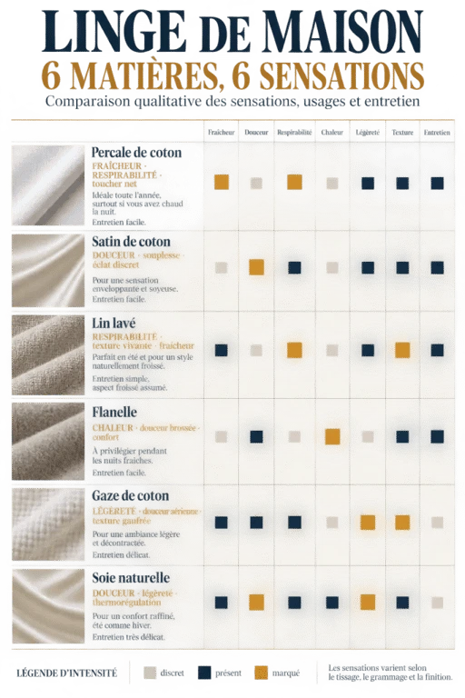 Infographie sur le linge de maison qualité et les différences entre percale, satin, lin, flanelle, gaze de coton et soie