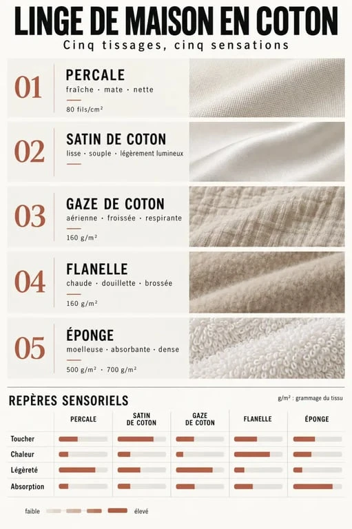 Linge de maison coton : comparaison visuelle des tissages, sensations et grammages