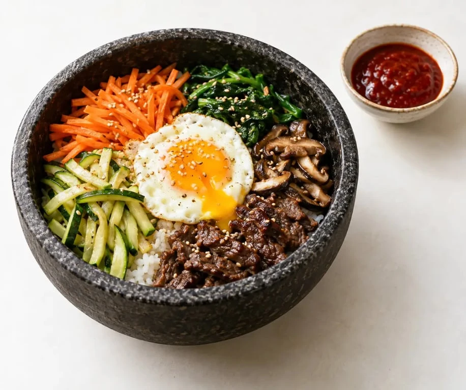 Cuisine coréenne recettes : bibimbap maison avec légumes, œuf et sauce gochujang