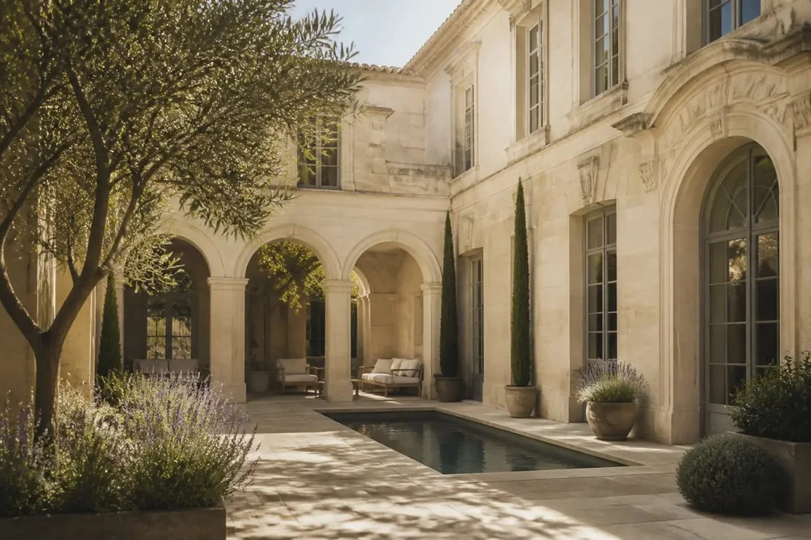 Hôtel Arles luxe : cour intérieure élégante d’un hôtel provençal haut de gamme à Arles