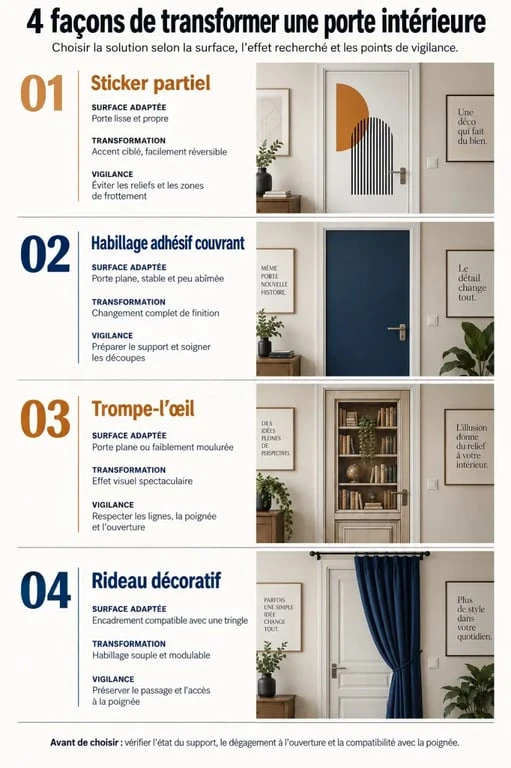 Décoration porte intérieure : comparaison visuelle des stickers, habillages adhésifs, trompe-l’œil et rideaux décoratifs