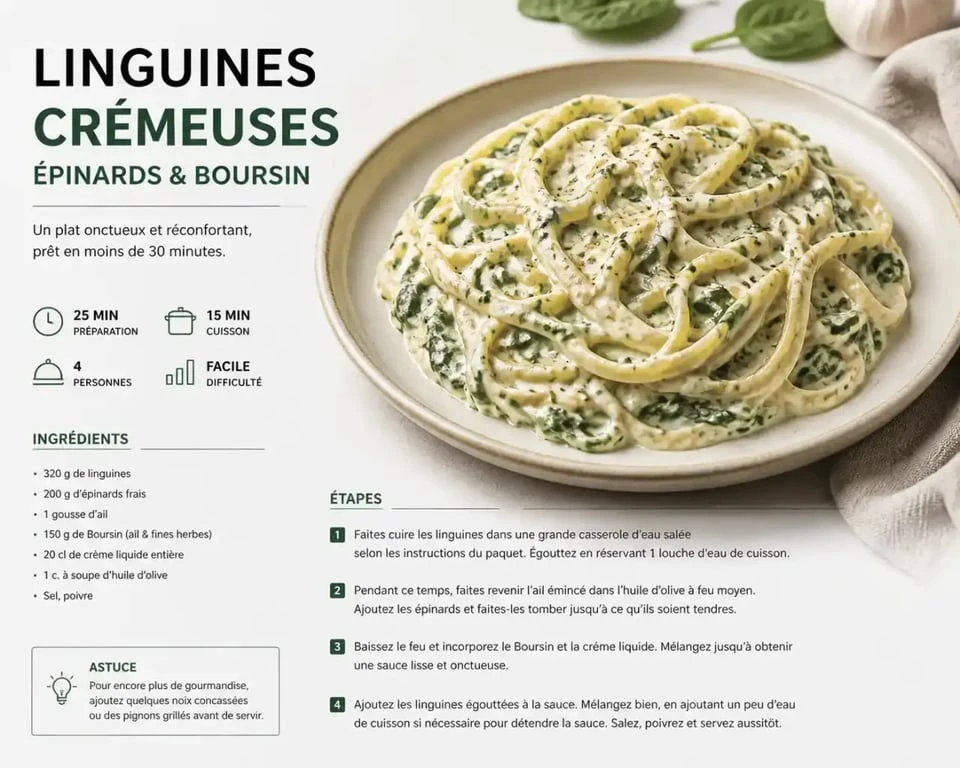 Recette de linguines crémeuses au Boursin et épinards, un plat de pâtes rapide et gourmand