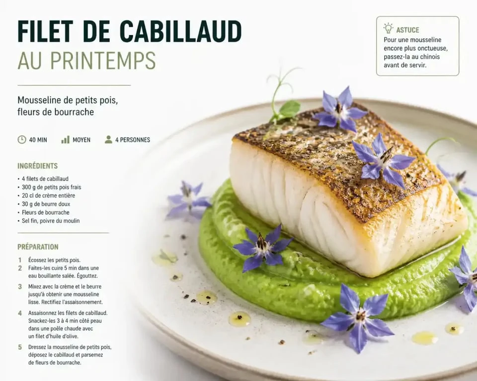 Plat gastronomique de cabillaud et petits pois au restaurant Le Neuvième Art à Lyon