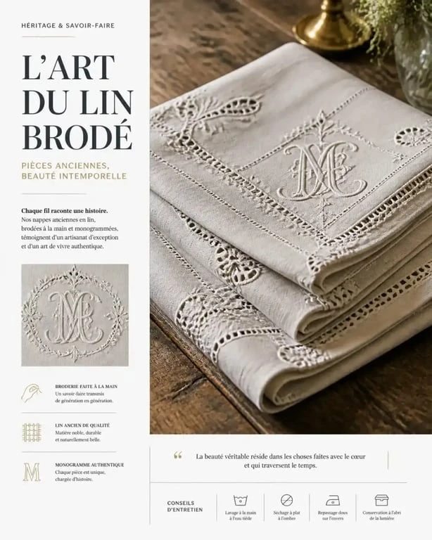 Maison du linge ancien : nappe en lin brodé d'époque