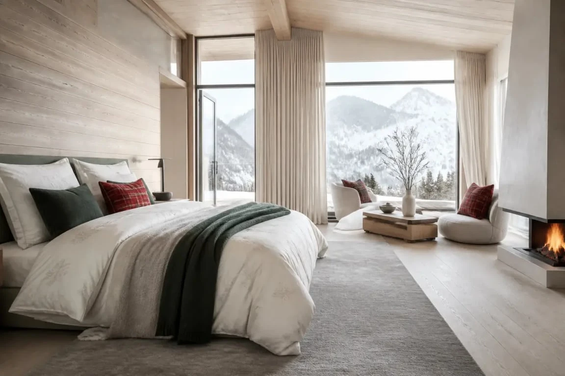 Linge de maison montagne dans un intérieur de chalet contemporain avec textiles coordonnés et ambiance cocooning