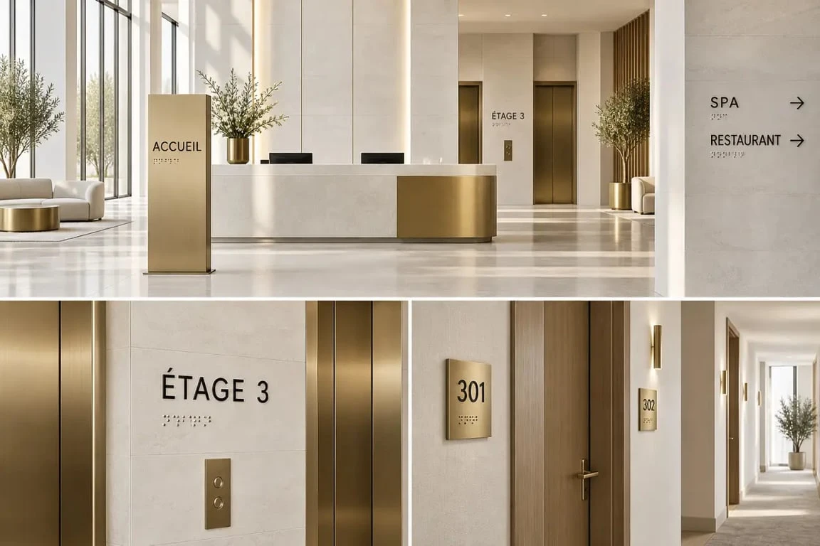 Signalétique hôtel luxe intégrée dans le hall, avec indications vers le spa, le restaurant et les ascenseurs