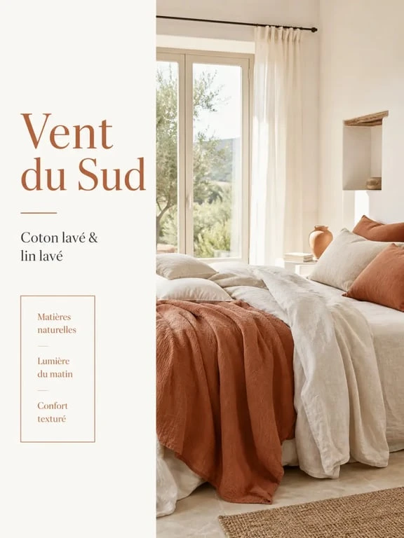Linge de maison Vent du Sud dans une chambre provençale lumineuse