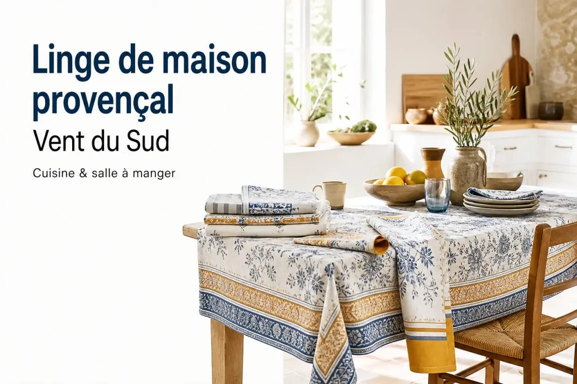 Linge de maison Vent du Sud sur une table provençale conviviale