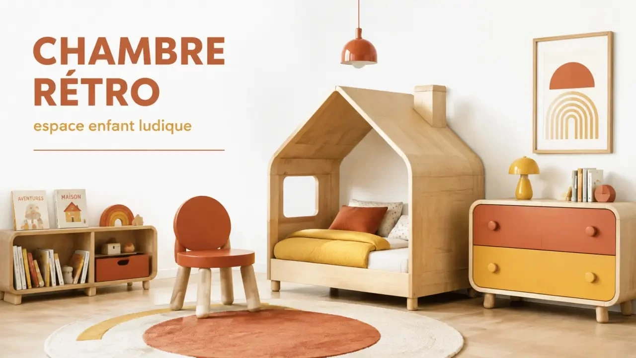 Mobilier enfant design dans une chambre rétro et ludique avec formes arrondies et bibliothèque basse