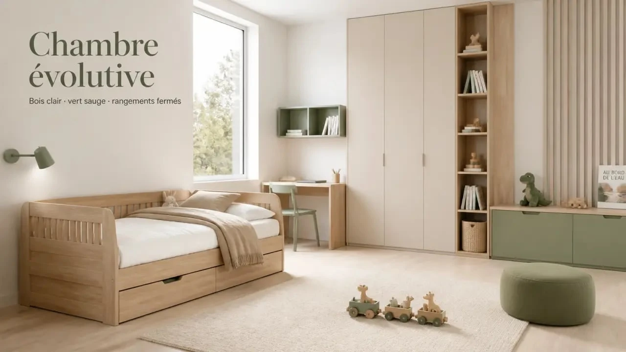 Mobilier enfant design dans une chambre contemporaine avec lit évolutif, bureau compact et rangements bas