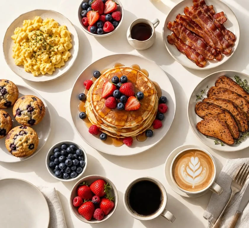 Cuisine américaine recettes : brunch avec pancakes, œufs et muffins