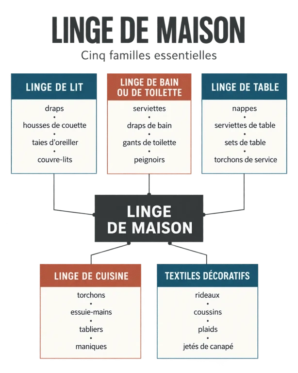 Arborescence visuelle de la définition du linge de maison et de ses cinq grandes familles