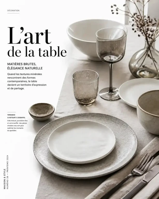 Vaisselle design en grès et porcelaine composant une table harmonieuse
