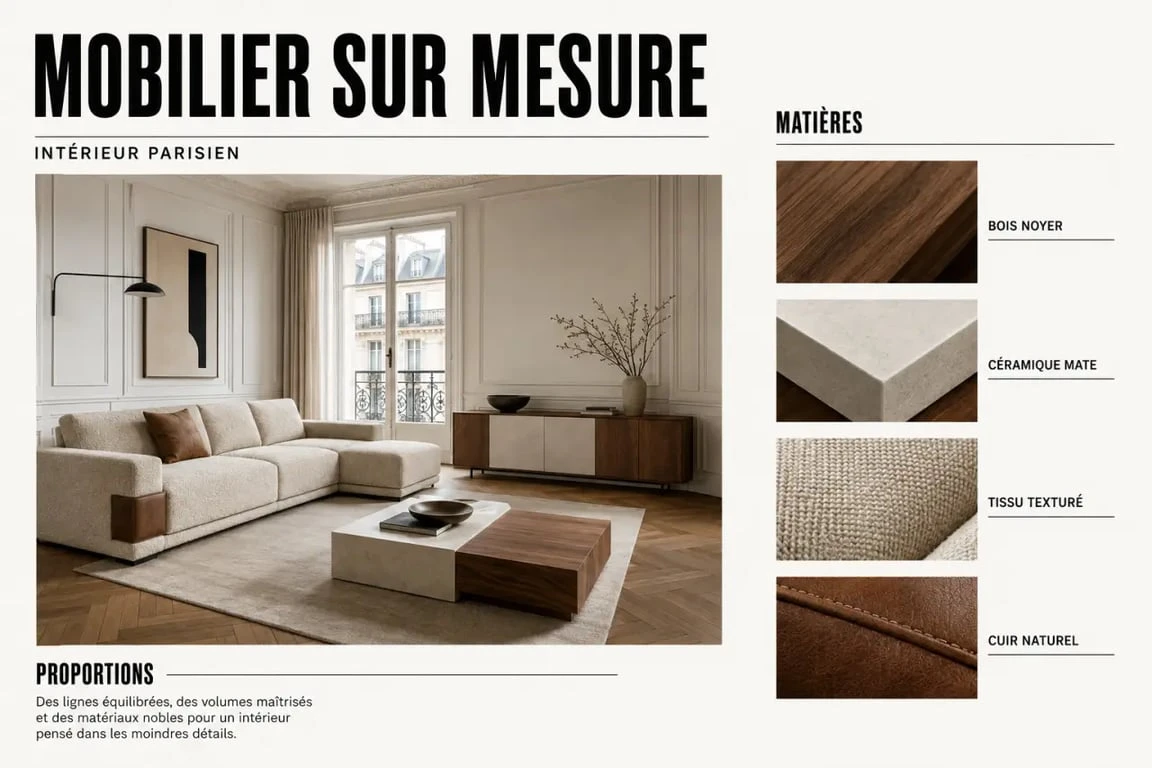 IDEAL DESIGN mobilier contemporain dans un salon contemporain avec bois, céramique, tissu et cuir