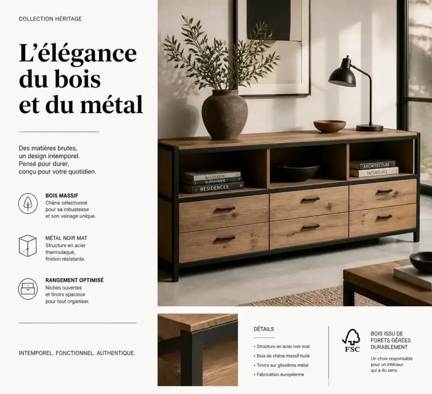 Meuble de rangement drawer mobilier design dans un salon scandinave-industriel