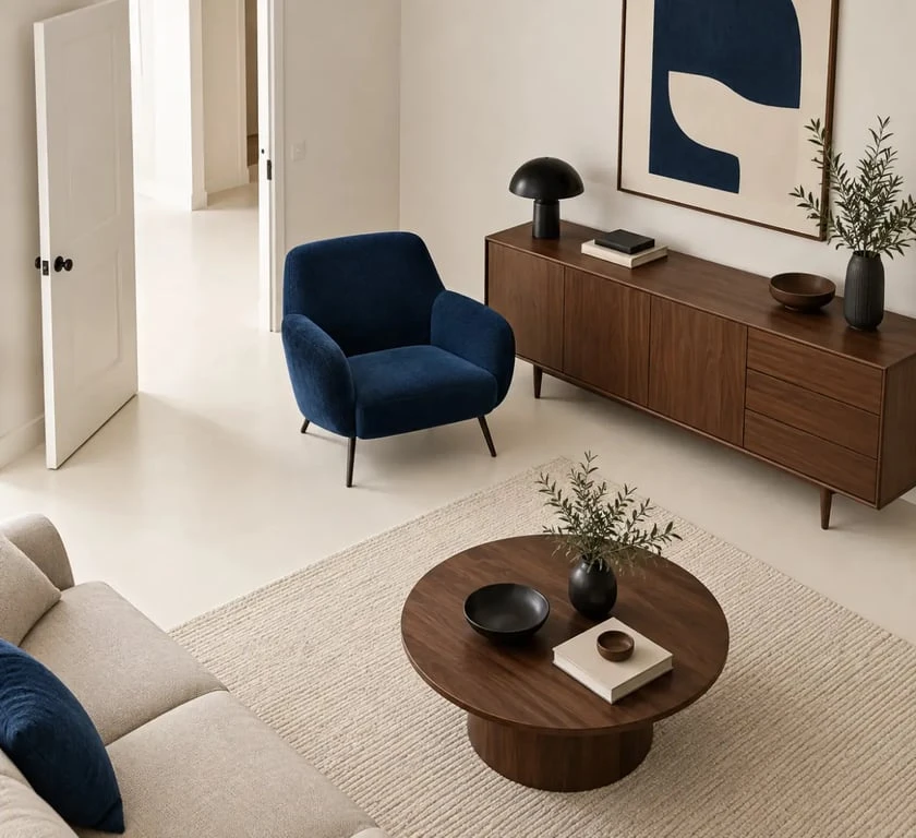 Mobilier design d’occasion intégré dans un intérieur avec circulation et proportions maîtrisées