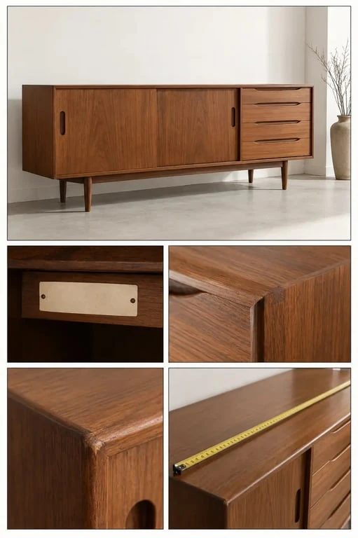 Inspection d’un meuble design d’occasion avec étiquette, défauts et détails de fabrication