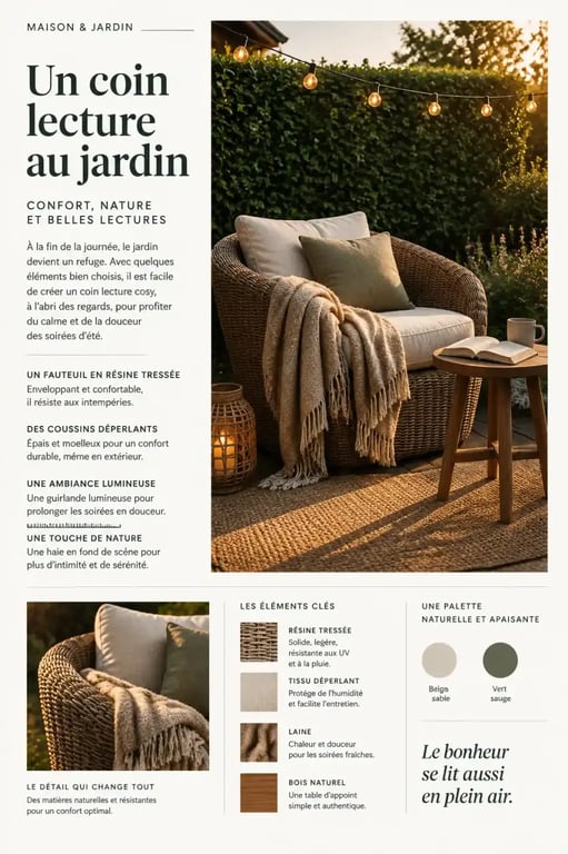Coin lecture cosy dans un jardin avec fauteuil tressé, coussins et guirlande lumineuse