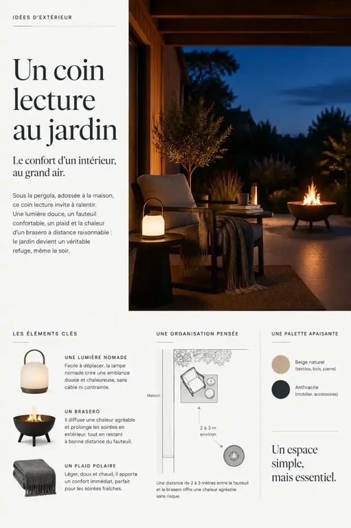 Coin lecture de jardin éclairé le soir sous une pergola avec brasero et lampe nomade