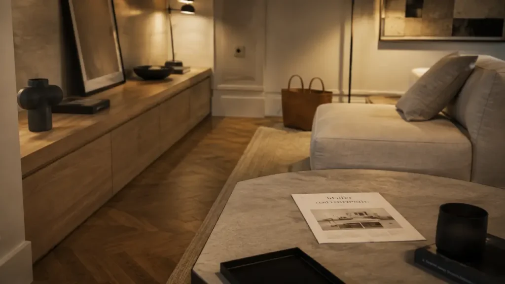 ideal design mobilier contemporain : salon parisien, table céramique et meuble sur mesure