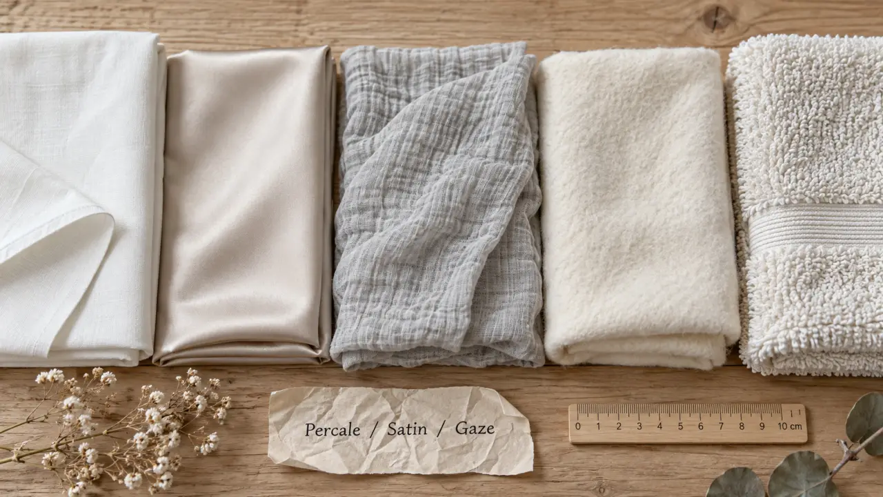 Linge de maison coton : percale, satin, gaze, flanelle, éponge, textures.